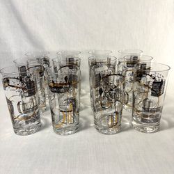 Set of 12 Vintage Gold Leaf Highball Glass Tumblers-Industrial Themed