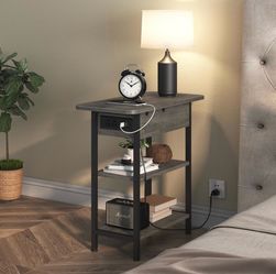 End Table with Charging Station, Flip Top Side Table with USB Ports and Outlets, Nightstand for Small Spaces, Bedside Tables with Storage Shelf for Li