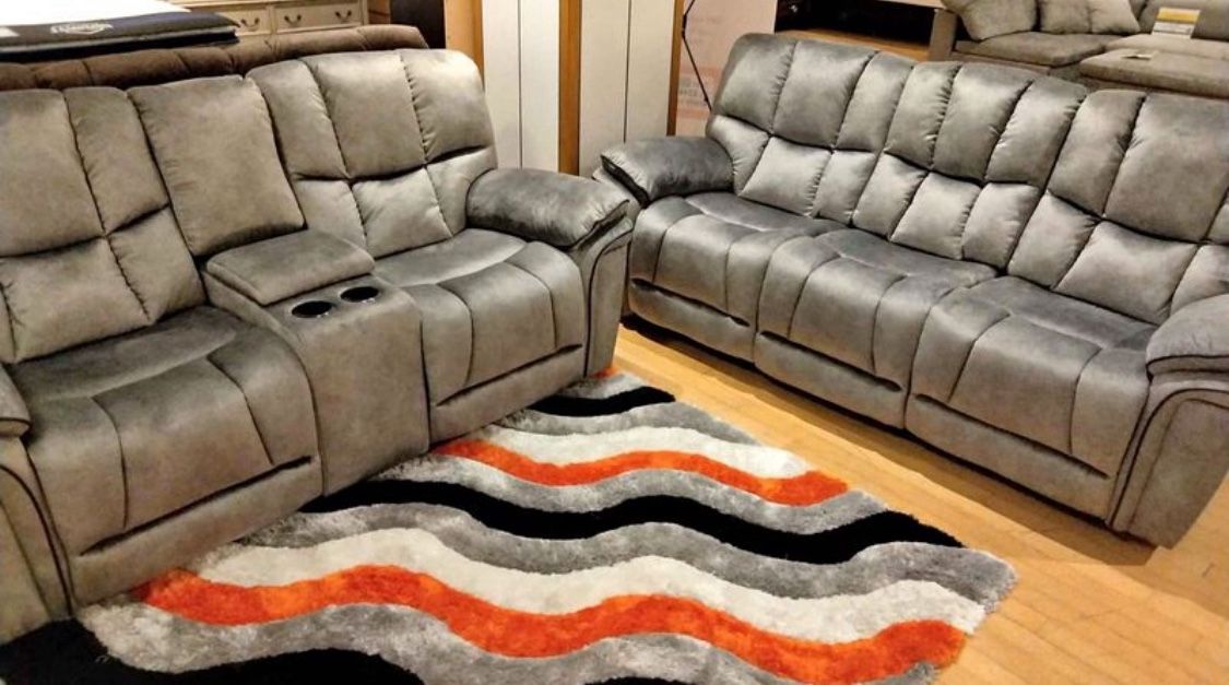 Holiday sale. Barcelona, soft, gray reclining sofa and loveseat set only $1299. Easy finance option. Same-day delivery.