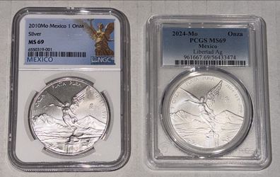 2010 , 2024 One Ounce .999 Silver Libertad Coins / Mexico Libertad