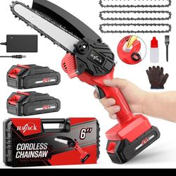 6-Inch, Cordless Mini Chain Saw with 3 Chains & 2 Battery, Handheld Small Chainsaw