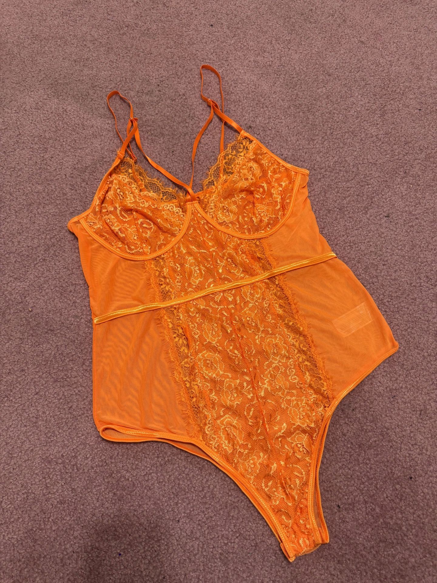 New 1xl bodysuit Neon Orange Lace Stretchy Festival Rave Boho Bodysuit Lingerie