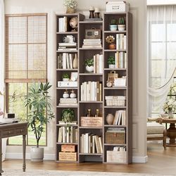 71'' Tall Bookshelf with 21 Cubes, 8 Tier Triple Wide Bookshelf with 8 Adjustable Shelves, 35" Large Bookcase DVD/CD Media Tower Storage, Freestanding