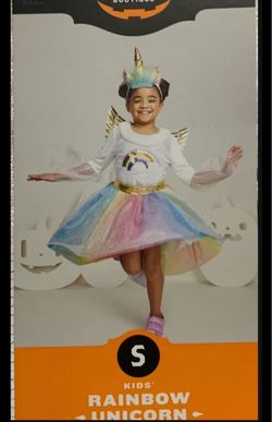 New girls size small (6/7) sequined shimmery rainbow colored unicorn dress with faux fur trim, wings and headpiece deluxe costume