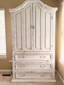 Farmhouse Armoire Hutch Cabinet Distressed White Chalk Paint Solid Wood 82” Tall French Country