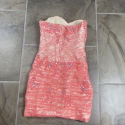 Coral Lace Strapless Dress – Beaded – Excellent Condition
