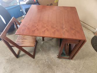 Vintage Mid Century Modern Romanian Gateleg Drop-Leaf Dining Table w/ 3 Folding Chairs | Aldo Jacober Style