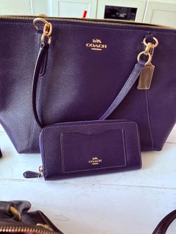 💜 Coach Purple Pebbled Leather Tote Bag + Matching Wallet Set 💜