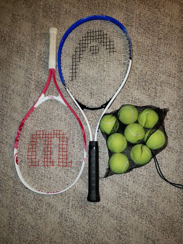 Tennis rackets and a ball sack