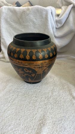 black and gold brass etched  vintage Egyptian Revival vase