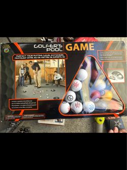 The Club Champ Golfer's Pool Game is an indoor putting set that combines golf and billiards using 16 billiard-style golf balls and a putter rack