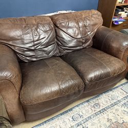Brown Leather Couch + Love Seat + Ottoman