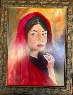 Hand-Painted Framed Artwork of Young Girl with Red Head Scarf