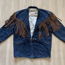 Vintage Jeanjer Contempo Casuals Leather Fringe Belted Jean Denim Jacket Womens XL
