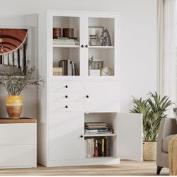 IRONCK Bookshelf and Bookcase Glass Door and Deep Drawer, Cubby Display Book Shelves, Modern Wide Wood Etagere Shelving Unit for Living Room, White
