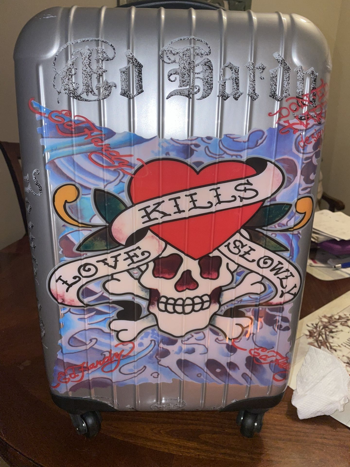 Vintage Y2K ED HARDY Skull Love Kills Slowly Rolling Carry-On and duffel bag