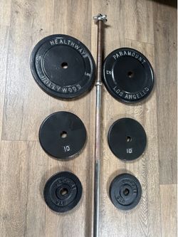 Los Angeles Paramount / Hollywood Standard Plates (plus 10s and 5s)  & 6 ft Standard Gently Used Bar [Total: 100 lbs].