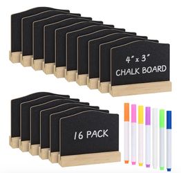 Mini Chalkboard Signs with Stand, 16 Pack Reusable Wooden Tabletop Chalkboard 4 X 3 Inch