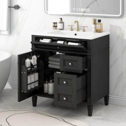 30'' Bathroom Vanity with Top Sink, Modern Bathroom Storage Cabinet with 2 Drawers and a Tip-out Drawer