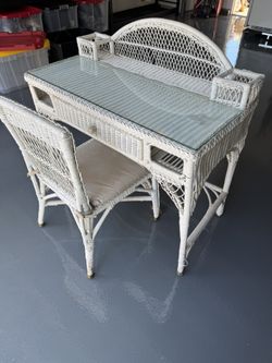 Vintage White Glass Wicker Desk