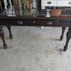 Glass inserts sofa table with drawer