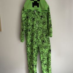 MINECRAFT Green CREEPER Halloween Hooded One Piece Fleece Sleeper Pajamas Boys Size XS