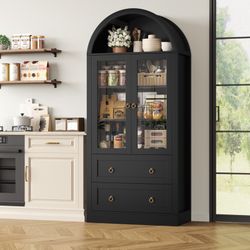 69.7" Arched Kitchen Pantry,bookcase , Display Cabinet,, Balck 