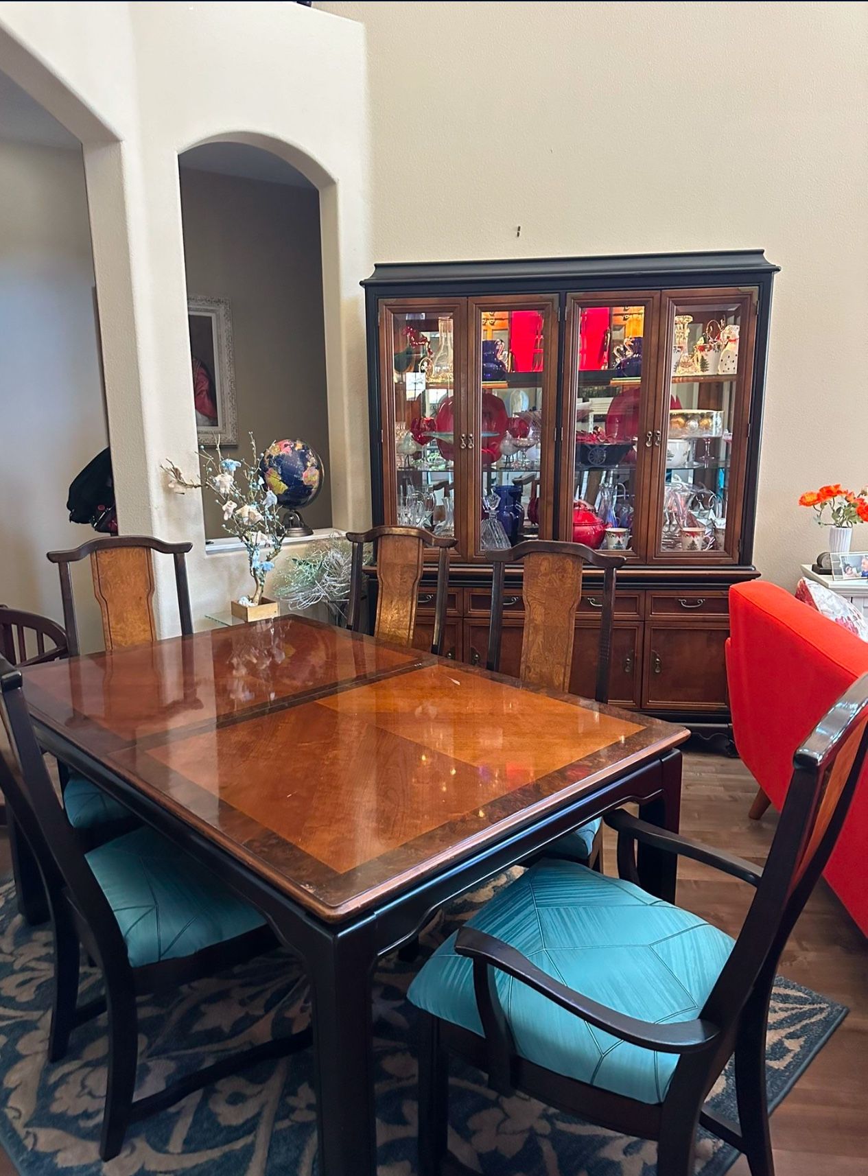 Vintage Broyhill Ming Dynasty dining table, and China cabinet
