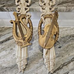 Vtge Mid-Century Modern Syroco Wall Gold Harp & Violin 1972 Pieces 