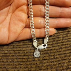 Italy 925 Solid Sterling Silver Diamond Cut Cuban Link Bracelet w/ Saint Benedict Charm for Women 7"
