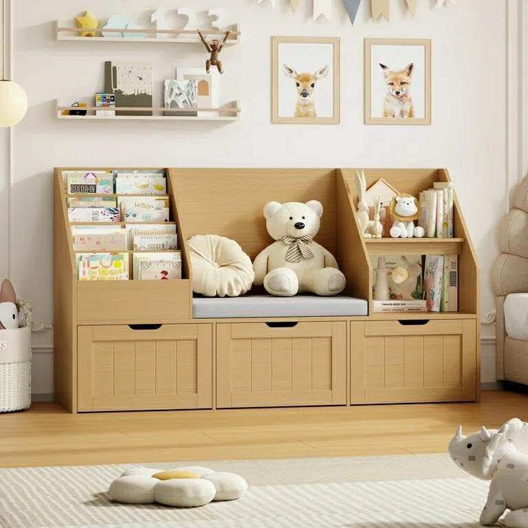 Kids Bookshelf with Reading Nook & 3 Movable Drawers, 2 Cube Bookcase with 4-Tier Book Racks, Toy Storage Organizer for Playroom Bedroom, Natural Colo