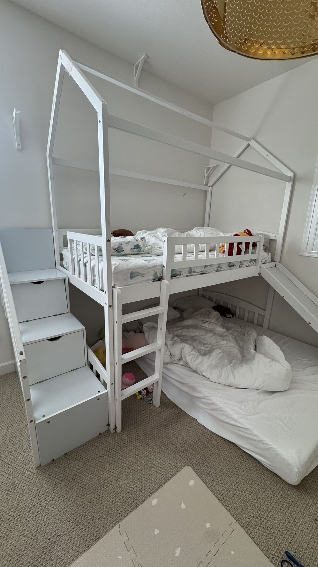 White Kids Bunk Bed Furniture With Slide Storage