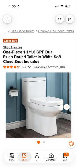 One-Piece 1.1/1.6 GPF Dual Flush Round Toilet in White Soft Close Seat Included, 2 available, $95 EA
$95