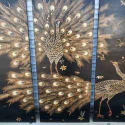 Chinese Lacquer Peacock Wall Art Panels
