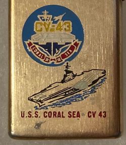 Vintage Metal Zippo, U.S.S. Coral Sea, CV-43, Aircraft Carrier Ship, Navy, Command Lighter, Officers Brass Lighter, Nice Back Side, Zippo, Made in USA