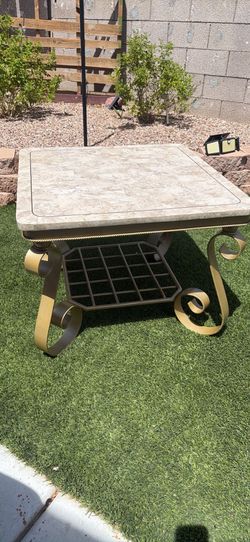 Marble Top End Table with Wrought Iron Base