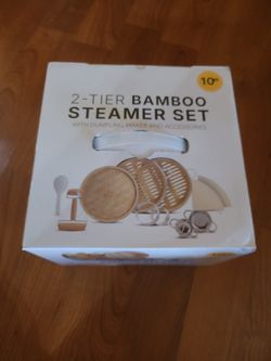 2- Tier Bamboo Steamer Set With Dumpling Maker And Accessoires.  New