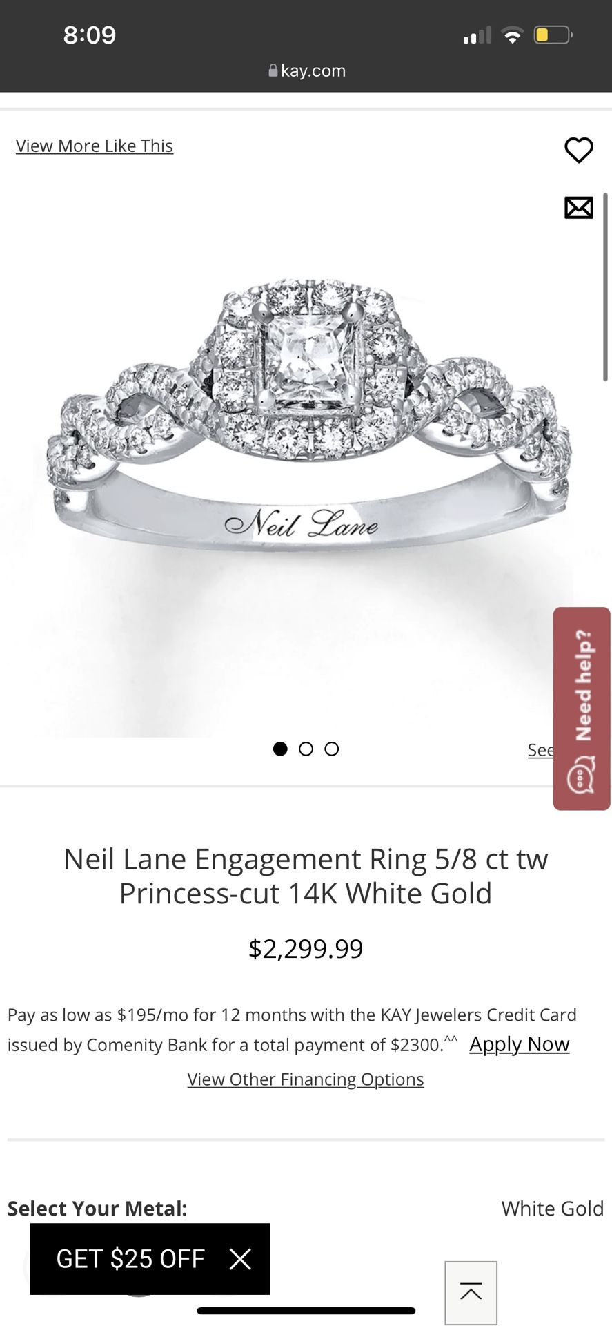Neil Lane Engagement Ring 5/8ct Tw Princess Cut 14k White Gold