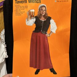 Tavern Wench Halloween Costume, Size XL Fits Up To Size 22 Included: Burgundy/White Dress With Attached Corset, Mop Hat