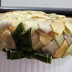 Vintage MOD 1960s Cellophane Ribbon Pillbox Hat With Green Velvet Bow