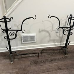 1920’s Antique Wrought Iron Fireplace Andirons in Excellent Condition Pot arms swing Candle holders 24 x 33h 12 base span