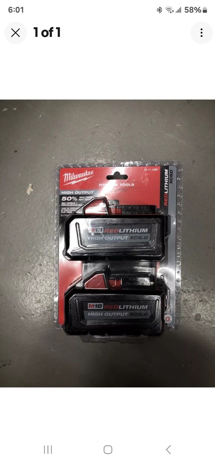 Milwaukee 48-11-1862 M18 REDLITHIUM HIGH OUTPUT XC6.0 Li-Ion Battery Pack (2 Pk), Plus FREE CHARGER,
