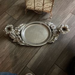 Metal Serving Tray With Candle Holders On Both Ends