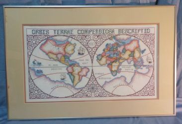 🌍 Stunning Vintage Framed Cross-Stitch: 1587 Mercator World Map (28"x18") ⛵