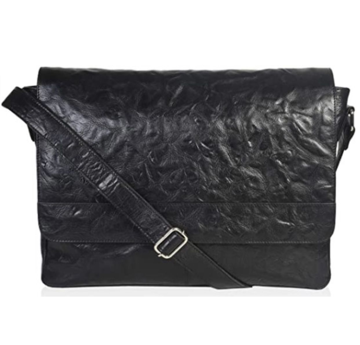 Unisex Genuine Leather Black 15” Messenger Bag -  Retro Designed Crumbled/Wrinkle Leather