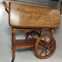vintage mid-20th century wooden drop-leaf tea cart or beverage trolley