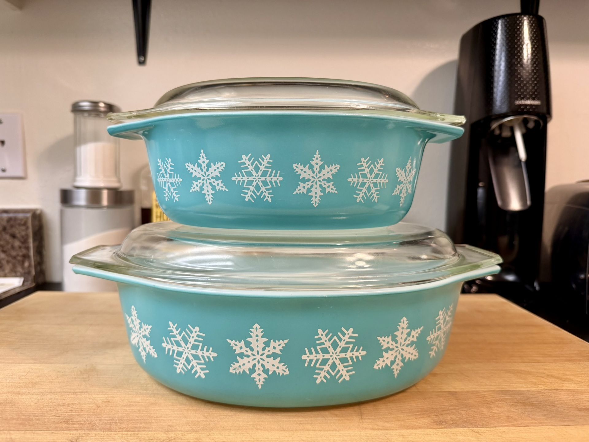 Turquoise Pyrex Snowflake Casserole Dishes
