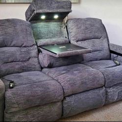 Grey couch with led lights, recliners, wireless charging