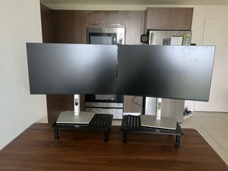 Dell Dual Monitor Setup + 2K QHD Webcam + Keyboard & Mouse – Desk Stands Included