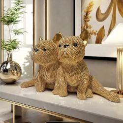 ✨ Estatua Decorativa Dos Bulldog Francés Dorado con Cristales